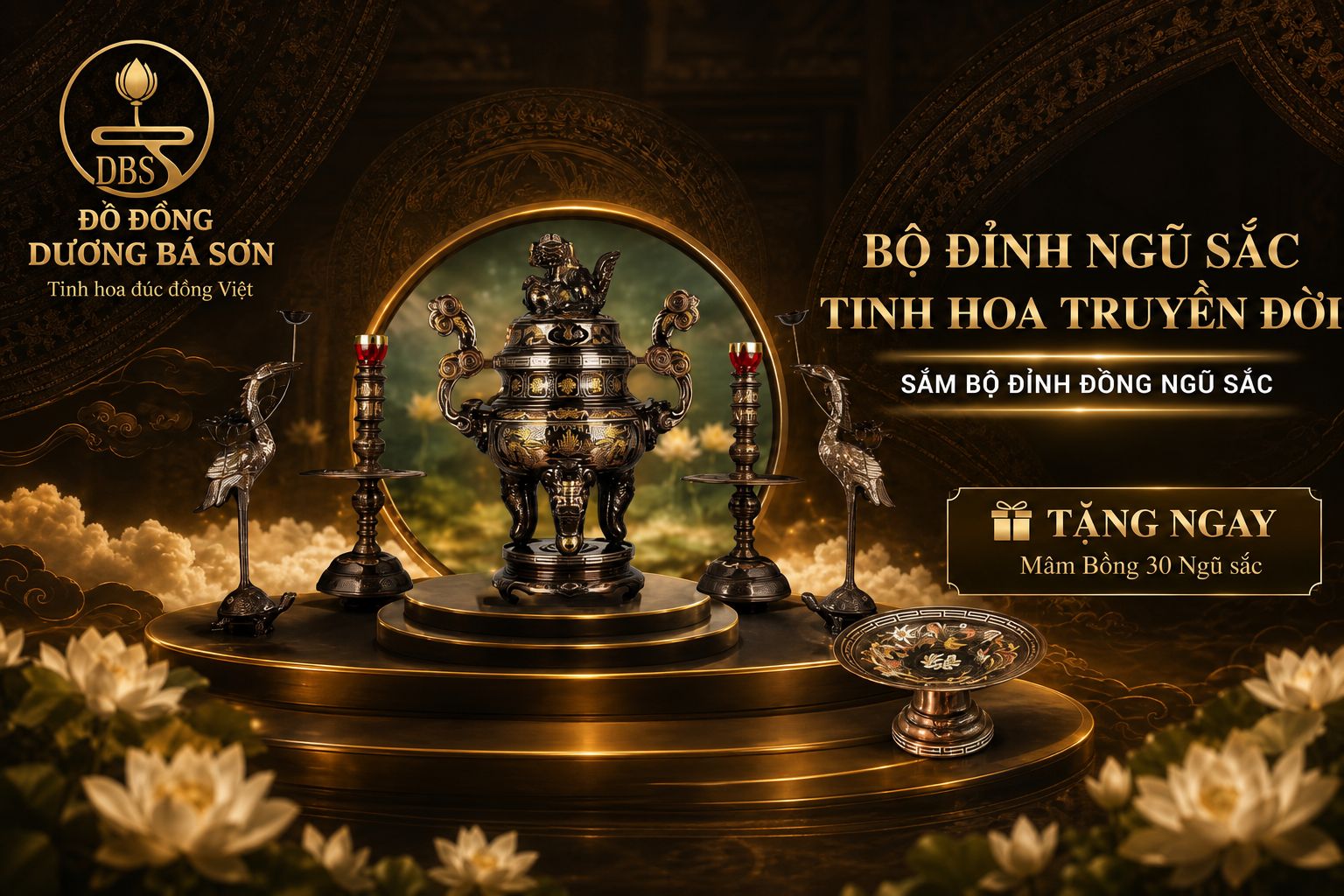 Bộ đỉnh ngũ sắc giữa sen trắng — Đồ Đồng Dương Bá Sơn