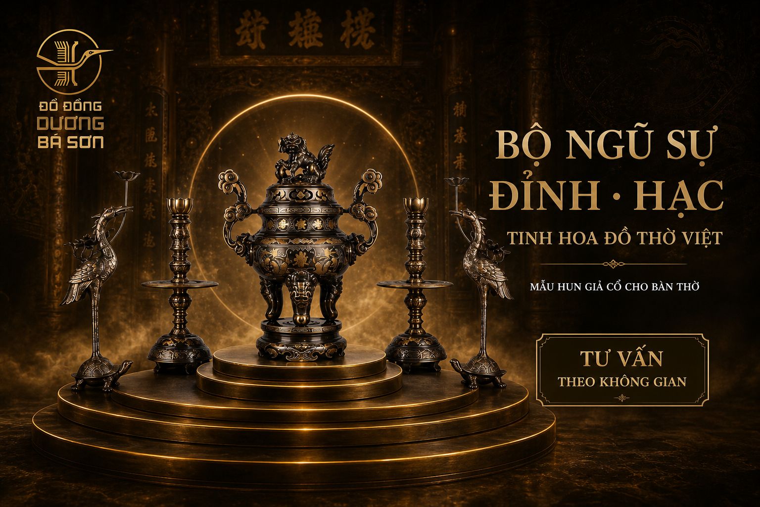 Bộ ngũ sự đỉnh, hạc, chân nến đồng hun giả cổ — Đồ Đồng Dương Bá Sơn